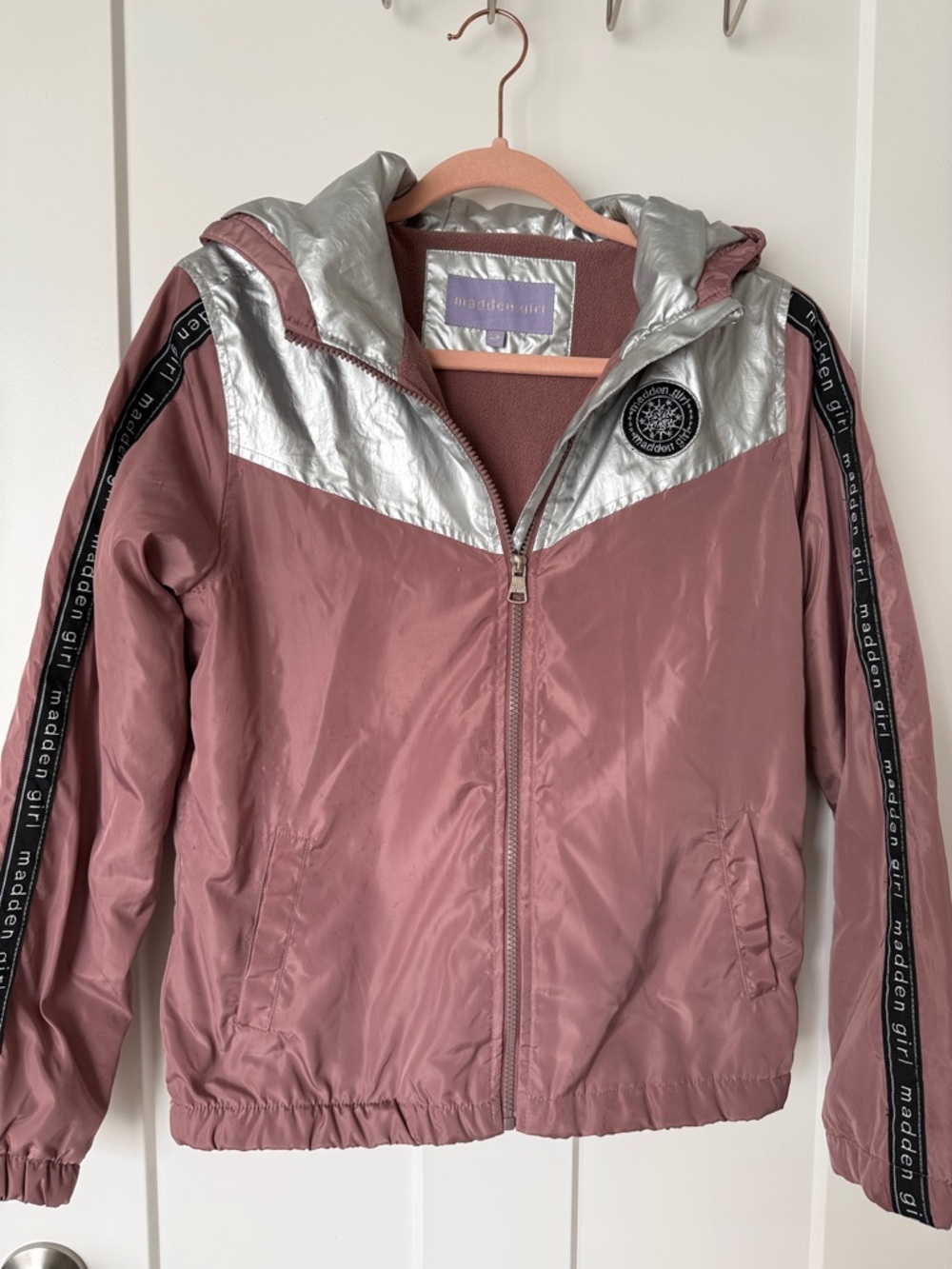Madden Girl Dusty Rose and Silver Metallic Hooded Raincoat
